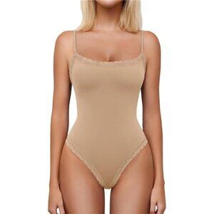 Women Square Neck Lace Bodysuit Sleeveless Khaki2